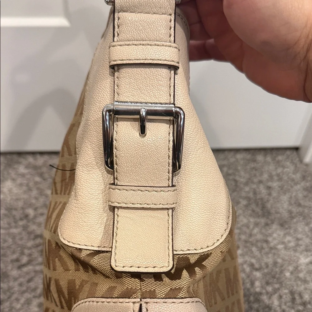 Michael Kors Brown Beige MK Logo Shoulder Bag slouchy tote purse handbag